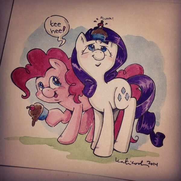 Size: 640x640 | Tagged: artist:katiecandraw, cupcake, cute, derpibooru import, diapinkes, female, lesbian, pinkie pie, raripie, rarity, safe, shipping, traditional art