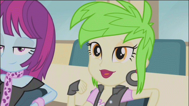 Size: 642x360 | Tagged: safe, derpibooru import, screencap, cherry crash, mystery mint, equestria girls, rainbow rocks, animated, background human, bare shoulders, best friends, bracelet, cafeteria, chair, clothes, designs, duo, fingerless gloves, gif, gloves, image, jewelry, leggings, lipstick, scarf, shoulderless top, sitting, vest, you wish