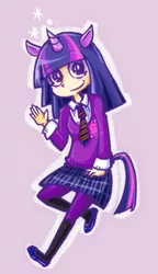 Size: 345x598 | Tagged: artist:rirom, clothes, derpibooru import, eared humanization, horned humanization, human, humanized, miniskirt, necktie, safe, schoolgirl, school uniform, shirt, skirt, slippers, solo, sweater, tailed humanization, tights, twilight sparkle