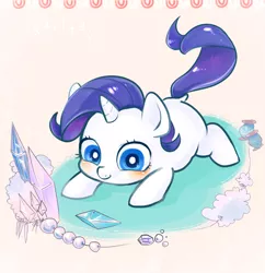 Size: 950x980 | Tagged: safe, artist:mirululu, derpibooru import, rarity, pony, baby, baby pony, blushing, cute, diabetes, eyes on the prize, gem, jewelry, pearl, prone, raribetes, smiling, solo, string, weapons-grade cute, younger