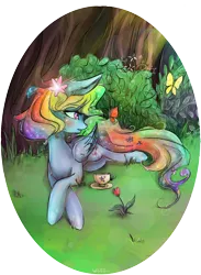 Size: 1284x1755 | Tagged: artist:wilvarin-liadon, butterfly, derpibooru import, fluttershy, forest, fusion, prone, rainbow dash, safe, simple background, solo, teacup, transparent background