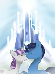 Size: 1000x1343 | Tagged: safe, artist:irigulus, derpibooru import, night light, twilight velvet, pony, unicorn, crystal castle, crystal empire, eyes closed, female, husband and wife, kissing, male, mare, nightvelvet, shipping, stallion, straight