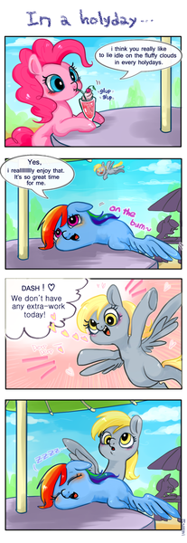 Size: 750x2172 | Tagged: safe, artist:mirululu, derpibooru import, derpy hooves, pinkie pie, rainbow dash, pegasus, pony, blushing, cherry, chubby cheeks, comic, cute, drinking, engrish, female, mare, sleeping, straw, zzz