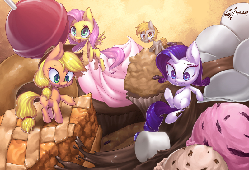 Size: 4000x2736 | Tagged: dead source, safe, artist:jggjqm522, derpibooru import, applejack, derpy hooves, fluttershy, rarity, twilight sparkle, pegasus, pony, chibi, cupcake, donut, female, food, ice cream, lollipop, mare, marshmallow, micro, missing cutie mark, muffin, pie, ponies in food, tiny ponies