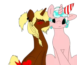 Size: 1329x1122 | Tagged: safe, derpibooru import, oc, oc:helping hoof, oc:synth, unofficial characters only, pony, unicorn, birthday, blushing, crossed legs, cutie mark, ear piercing, ears, eyes, eyes closed, heart, horns, kissing, mint ice cream, mouth, piercing, yellow