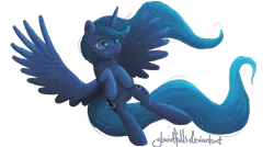 Size: 2572x1376 | Tagged: artist:glacialfalls, derpibooru import, princess luna, safe, simple background, smiling, solo, spread wings, transparent background