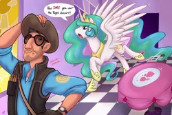 Size: 1500x1000 | Tagged: artist:onnanoko, cake, crossover, derpibooru import, eating, human, plate, princess celestia, running, safe, sniper, spread wings, table, team fortress 2, upset