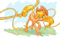 Size: 1280x800 | Tagged: applejack, artist:bloominglove, derpibooru import, lasso, mouth hold, raised hoof, safe, skinny, solo