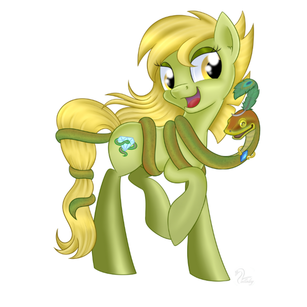 Size: 700x700 | Tagged: safe, artist:swanlullaby, derpibooru import, oc, oc:snake charmer, unofficial characters only, earth pony, pony, snake, feather, female, mare, peacock feathers, solo