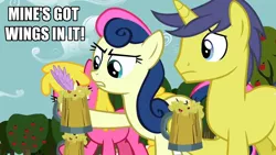 Size: 1280x720 | Tagged: annoyed, bon bon, bon bon is not amused, cherry berry, cider, comet tail, derpibooru import, edit, frown, gritted teeth, hoof hold, image macro, meme, mine's got rocks in it, rock, safe, screencap, sweetie drops, thanks m.a. larson, the super speedy cider squeezy 6000, wings