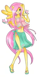 Size: 370x725 | Tagged: ambiguous facial structure, anthro, artist:shioiri, belly button, blushing, breasts, butterfly, clothes, delicious flat chest, derpibooru import, feet, flattershy, flip-flops, fluttershy, midriff, plantigrade anthro, safe, sandals, side slit, skinny, skirt, solo, tanktop