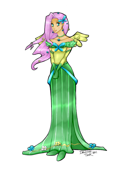 Size: 2480x3507 | Tagged: safe, artist:dalishtook, derpibooru import, fluttershy, human, clothes, dress, gala dress, humanized, skinny, solo, winged humanization