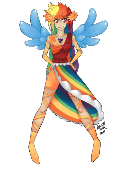 Size: 2480x3507 | Tagged: artist:dalishtook, clothes, derpibooru import, dress, gala dress, human, humanized, rainbow dash, safe, skinny, solo, winged humanization