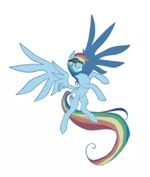 Size: 1000x1179 | Tagged: safe, artist:science fox, derpibooru import, ponibooru import, rainbow dash, pegasus, pony, flying, goggles, grin, simple background, solo, spread wings, white background