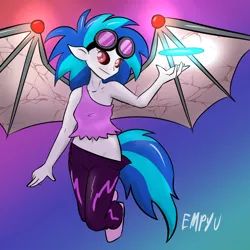 Size: 1000x1000 | Tagged: suggestive, artist:empyu, derpibooru import, vinyl scratch, demon, equestria girls, belly button, breasts, corrupted, disc, flying, glow, looking at you, midriff, solo, spread wings