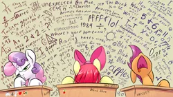 Size: 1920x1080 | Tagged: safe, derpibooru import, apple bloom, rarity, scootaloo, sweetie belle, crab, earth pony, giant crab, pony, unicorn, apple, bad wolf, best pony, bored, classroom, cutie mark crusaders, faceplant, fancy mathematics, female, filly, frown, innuendo, leaning, math, moon, nose in the air, open mouth, rarity fighting a giant crab, school, science, sleeping, sleeping in class, sun, tic tac toe, tongue out, triangle, uvula, wall of text, wallpaper