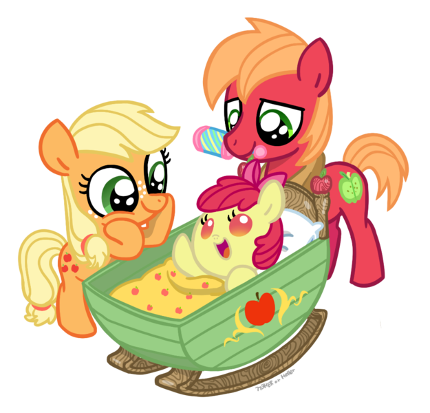 Size: 1034x992 | Tagged: source needed, safe, artist:773her, derpibooru import, apple bloom, applejack, big macintosh, pony, adorabloom, apple family, applebetes, baby, baby pony, cute, daaaaaaaaaaaw, filly, jackabetes, macabetes, mouth hold, rattle, trio, younger