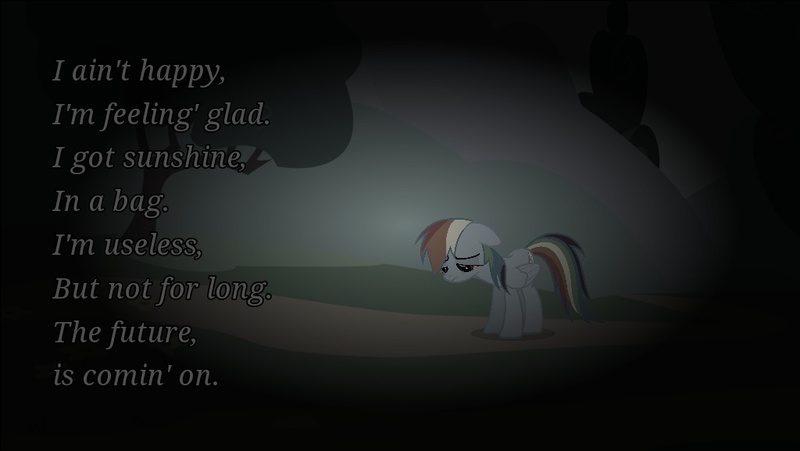 Size: 1024x577 | Tagged: safe, derpibooru import, rainbow dash, clint eastwood, dull, gorillaz, lyrics, song, song reference