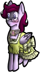 Size: 400x715 | Tagged: safe, artist:knadire, artist:knadow-the-hechidna, derpibooru import, oc, oc:alby roo, unofficial characters only, pegasus, pony, clothes, crossdressing, cute, dress, purple, solo, yellow