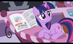 Size: 800x480 | Tagged: safe, derpibooru import, screencap, princess celestia, twilight sparkle, pony, unicorn, ponyville confidential, cake, female, foal free press, mare, newspaper, pampering, reading, solo, spa, unicorn twilight