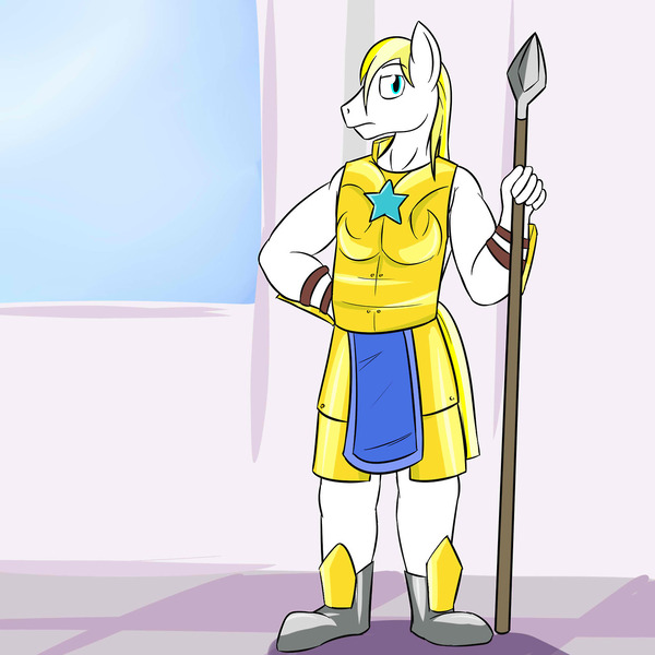 Size: 1280x1280 | Tagged: anthro, anthro oc, armor, artist:fuzebox, blonde, boot, canterlot, derpibooru import, guard, oc, oc:cloud skipper, plantigrade anthro, royal guard, safe, solo, spear, unofficial characters only