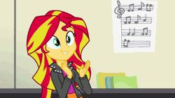 Size: 800x450 | Tagged: safe, derpibooru import, screencap, sunset shimmer, equestria girls, rainbow rocks, animated, clapping, cute, loop, sheet music, shimmerbetes, smiling, when she smiles