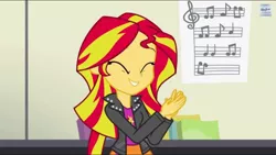 Size: 1136x640 | Tagged: safe, derpibooru import, screencap, sunset shimmer, equestria girls, rainbow rocks, clapping, cute, sheet music, shimmerbetes, smiling, solo, when she smiles