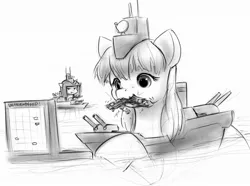 Size: 1106x825 | Tagged: artist:alloyrabbit, battleship, battleship ponies, boatpony, derpibooru import, destroyer, eating, fridge horror, game, gun, monochrome, nom, oc, original species, safe, smiling, :t, unamused, unofficial characters only