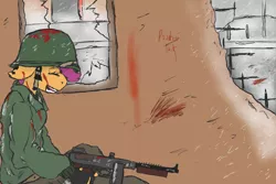 Size: 1200x800 | Tagged: anthro, artist:jadedpencil, blood, clothes, death, derpibooru import, grimdark, scootaloo, solo, tommy gun, war, world war ii