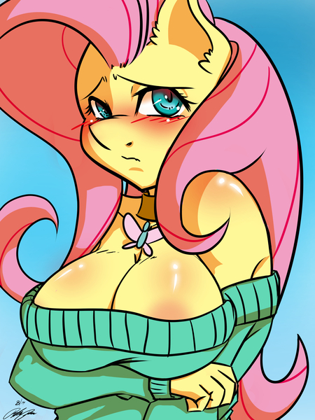 Size: 1424x1900 | Tagged: adorasexy, anthro, areola, artist:the-unicorn-lord, big breasts, blue background, blushing, breasts, busty fluttershy, cleavage, clothes, cute, cutie mark accessory, derpibooru import, edit, female, fluttershy, looking at you, necklace, questionable, sexy, simple background, solo, solo female, sweater, sweatershy