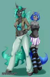 Size: 850x1300 | Tagged: suggestive, artist:mleonheart, derpibooru import, changeling queen oc, oc, oc:ebony, oc:minder, unofficial characters only, anthro, changeling, changeling queen, unguligrade anthro, unicorn, fanfic:a voice among the strangers, anthro oc, big breasts, breasts, cleavage, clothes, ebony, female, jacket, jeans, kneesocks, pants, skirt