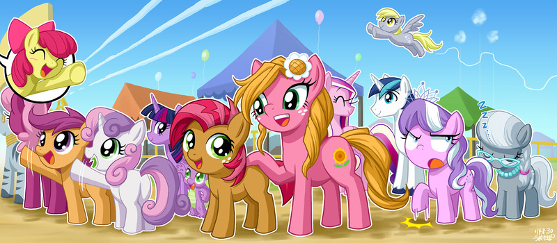 Size: 1500x656 | Tagged: safe, artist:uotapo, derpibooru import, idw, apple bloom, babs seed, cheerilee, derpy hooves, diamond tiara, princess cadance, scootaloo, shining armor, silver spoon, spike, sunflower (character), sweetie belle, twilight sparkle, twilight sparkle (alicorn), zecora, alicorn, pony, zebra, spoiler:comic, spoiler:comicff9, adorababs, annoyed, cute, cutie mark crusaders, dozing upright like horses do, eyes closed, female, mare, open mouth, scene interpretation, sleeping, smiling, stomping, waving, zzz