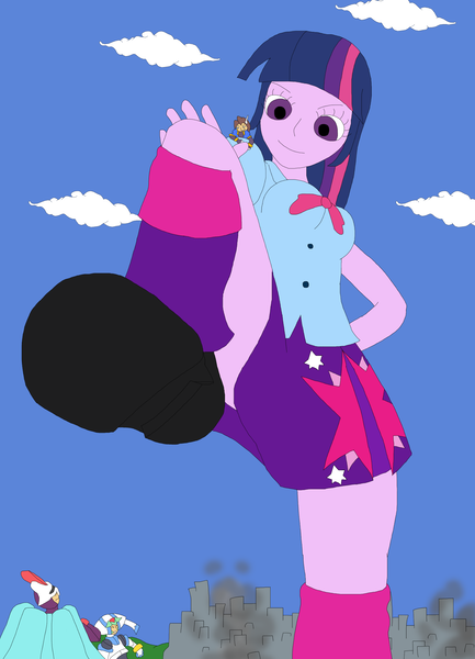 Size: 1700x2358 | Tagged: safe, artist:final7darkness, derpibooru import, twilight sparkle, equestria girls, bowtie, city, clothes, crush fetish, destruction, giantess, macro, megaman, request, requested art, skirt, stomp, stomping