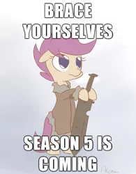 Size: 515x660 | Tagged: artist:alasou, a song of ice and fire, brace yourselves, crossover, derpibooru import, eddard stark, exploitable, exploitable meme, game of thrones, image macro, meme, ponified, safe, scootaloo, season 5, solo, winter is coming