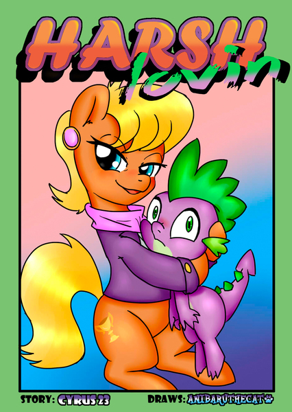 Size: 1240x1748 | Tagged: suggestive, artist:anibaruthecat, derpibooru import, ms. harshwhinny, spike, dragon, earth pony, pony, comic:harsh lovin', bedroom eyes, blushing, comic, cougar, cover, cover art, female, frown, hape, hug, implied foalcon, looking at you, male, mare, sitting, smiling, spikewhinny, straight, wide eyes