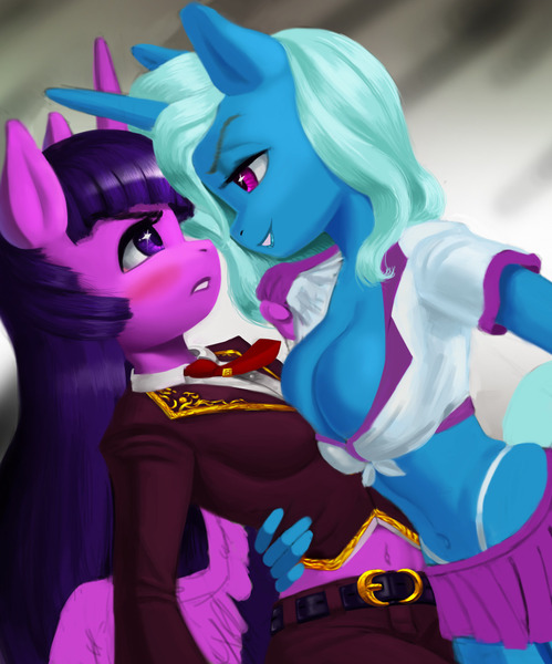 Size: 1280x1540 | Tagged: anthro, artist:dclzexon, belly button, blushing, breasts, busty trixie, clothes, derpibooru import, female, lesbian, panties, school uniform, shipping, suggestive, thong, trixie, twilight sparkle, twilight sparkle (alicorn), twixie, underwear