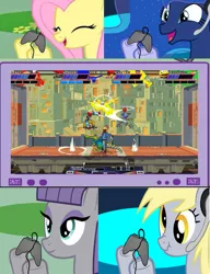 Size: 509x662 | Tagged: safe, derpibooru import, derpy hooves, fluttershy, maud pie, princess luna, pegasus, pony, gamer luna, exploitable meme, female, gamer, gamer derpy, gamer fluttershy, gamer maud, gamer meme, lethal league, mare, meme, multiplayer, obligatory pony, tv meme