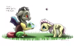 Size: 1280x802 | Tagged: safe, artist:arceus55, derpibooru import, discord, fluttershy, butterfly, draconequus, pegasus, pony, blank flank, cheek fluff, cute, daaaaaaaaaaaw, dialogue, discute, duo, duo male and female, female, filly, filly fluttershy, floppy ears, foal, grass, looking at each other, male, profile, shy, shyabetes, signature, simple background, waterfall, white background, wings, young discord, younger