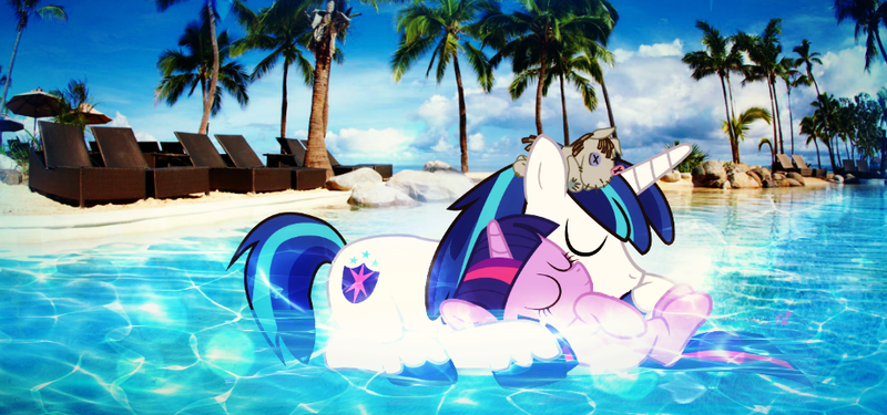 Size: 960x450 | Tagged: artist:dm29, artist:sadaslhey, chair, derpibooru import, duo, filly, filly twilight sparkle, irl, palm tree, photo, ponies in real life, safe, shining armor, sleeping, smarty pants, swimming pool, tree, twilight sparkle, umbrella, vector
