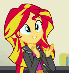 Size: 400x420 | Tagged: safe, derpibooru import, screencap, sunset shimmer, equestria girls, rainbow rocks, animated, clapping, cropped, cute, grin, loop, shimmerbetes, smiling, solo
