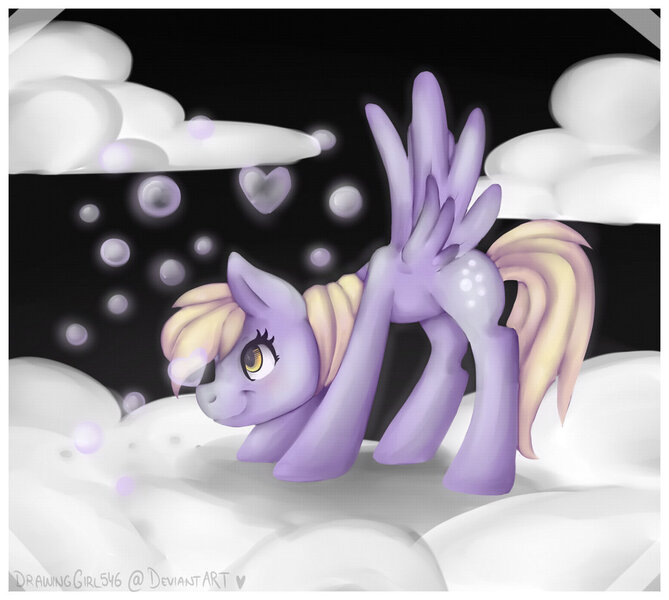 Size: 1024x919 | Tagged: safe, artist:drawing-heart, derpibooru import, derpy hooves, pegasus, pony, bubble, cloud, cloudy, female, mare, solo, spread wings