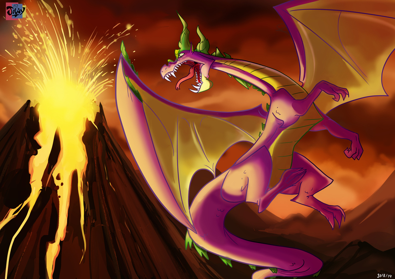 Size: 3508x2480 | Tagged: safe, artist:jowybean, derpibooru import, spike, dragon, eruption, flying, greed spike, lava, male, solo, spike can fly, spikezilla, volcano, winged spike, winged spikezilla