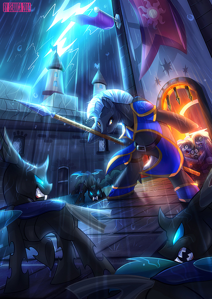 Size: 849x1200 | Tagged: safe, artist:seanica, derpibooru import, cloudchaser, flitter, rumble, thunderlane, changeling, pony, action pose, armor, badass, banner, bipedal, castle, fangs, lightning, protecting, rain, scared, spear