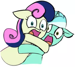 Size: 1180x1057 | Tagged: source needed, safe, artist:furseiseki, derpibooru import, bon bon, lyra heartstrings, sweetie drops, pony, bon bon is not amused, duo, female, hug, looking at you, open mouth, reaction image, scared, simple background, white background