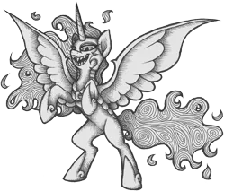Size: 1911x1629 | Tagged: safe, artist:wingedwolf94, deleted from derpibooru, derpibooru import, nightmare moon, fangs, monochrome, open mouth, rearing, sharp teeth, simple background, solo, spread wings, traditional art, transparent background