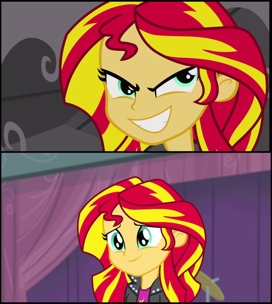 Size: 808x905 | Tagged: safe, derpibooru import, sunset shimmer, equestria girls, rainbow rocks, comparison, evil, reformed, smiling, when she smiles