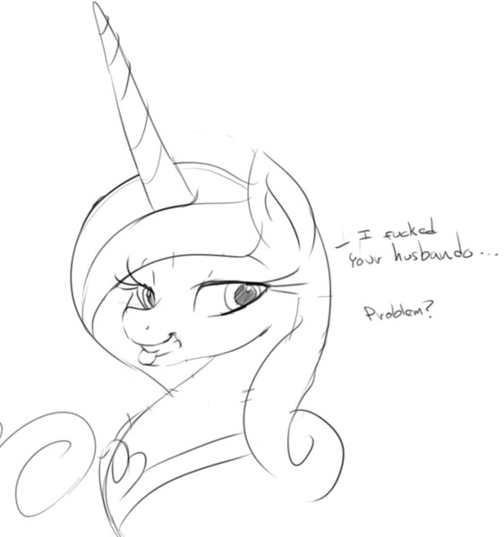 Size: 771x821 | Tagged: suggestive, artist:zev, derpibooru import, princess cadance, :p, bedroom eyes, cuckolding, grayscale, grin, homewrecker, husbando, implied sex, looking at you, monochrome, sketch, smirk, solo, tongue out, vulgar