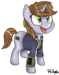 Size: 795x1005 | Tagged: safe, artist:teschke, derpibooru import, oc, oc:littlepip, unofficial characters only, pony, unicorn, fallout equestria, fanfic, blushing, clothes, cute, cutie mark, fanfic art, female, hooves, horn, looking up, mare, open mouth, pipabetes, pipbuck, signature, simple background, solo, transparent background, vault suit