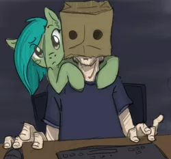 Size: 514x480 | Tagged: artist needed, safe, artist:stasyan1902, color edit, derpibooru import, edit, oc, oc:anon, unofficial characters only, human, pony, bag on head, colored, computer, computer mouse, keyboard, looking at you, paper bag