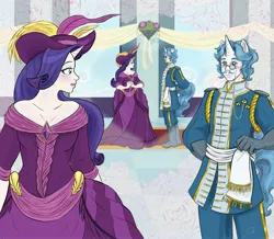 Size: 3280x2860 | Tagged: artist:zabchan, clothes, coronation dress, derpibooru import, dress, eared humanization, fancypants, female, flower, horned humanization, human, humanized, male, pony coloring, raripants, rarity, safe, shipping, soulful gaze, straight, tailed humanization, uniform